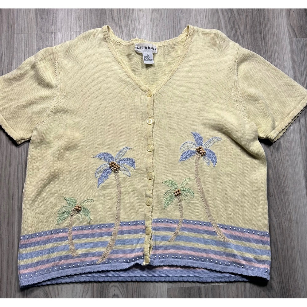 Alfred Dunner Palm Tree XL Beaded‎ Cardigan Sweater grandma cottagecore graphic